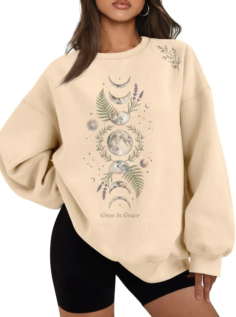 Women's Celestial Moon Phase Botanical Printed Sweatshirt