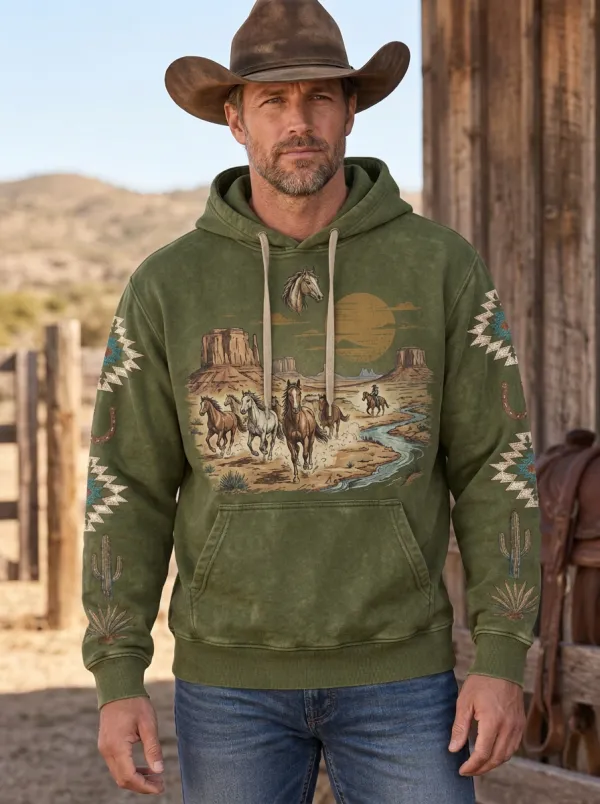 Men's Rustic Western Cowboy Horse Desert Graphic Hoodie
