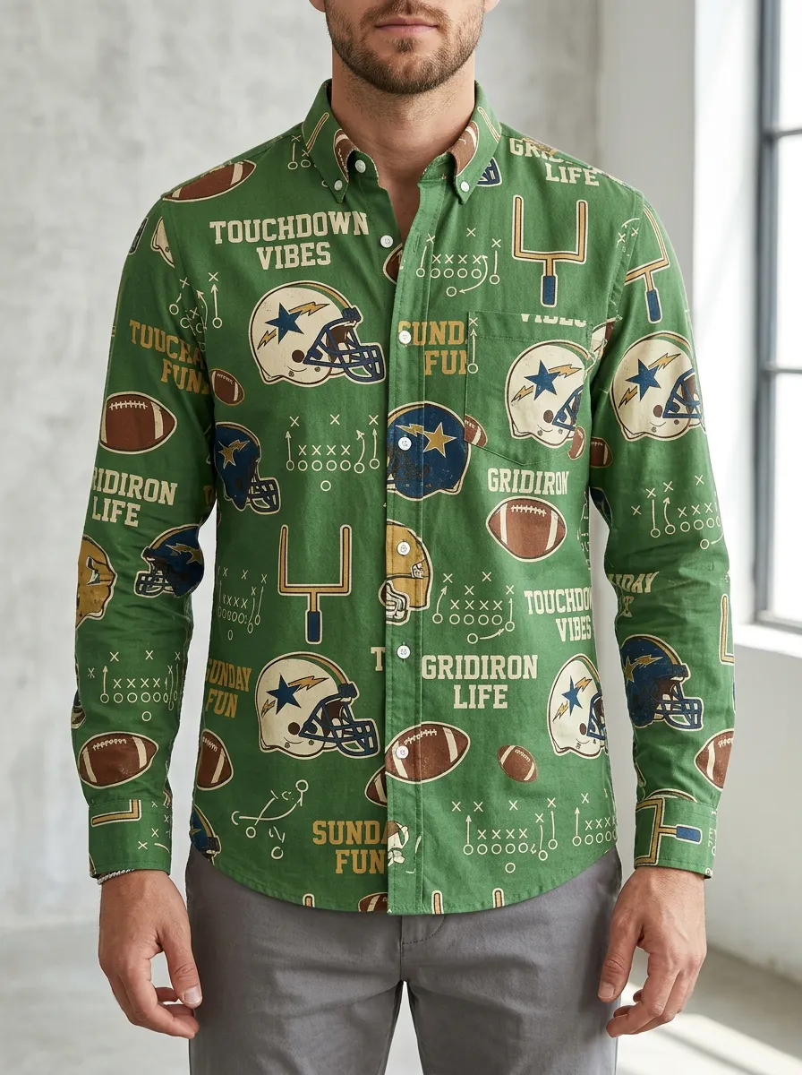 Men's Football Lover Gridiron Helmet Printed Button-Down Shirt