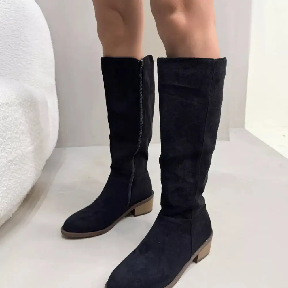 Pleated Round Toe Block Heels Boots