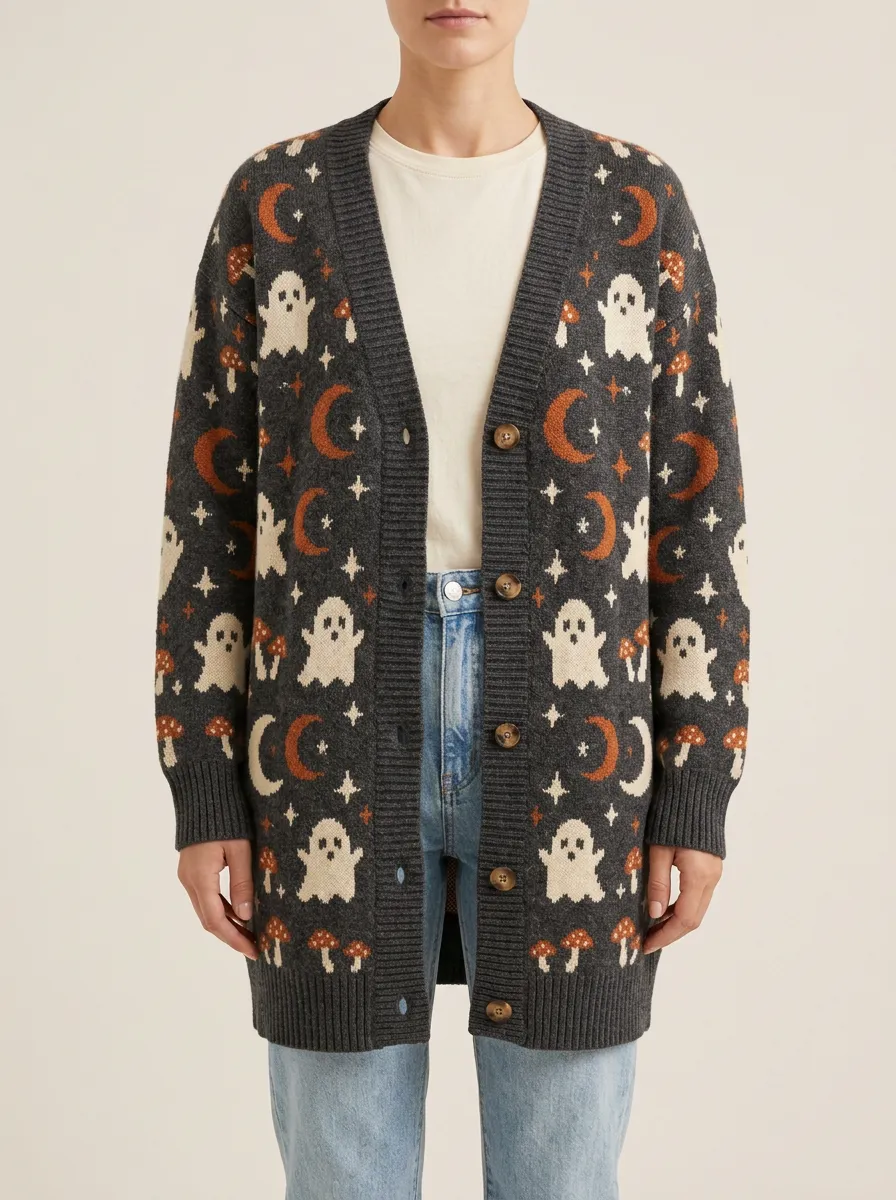 Women's Spooky Ghost Mushroom Moon Halloween Knit Cardigan