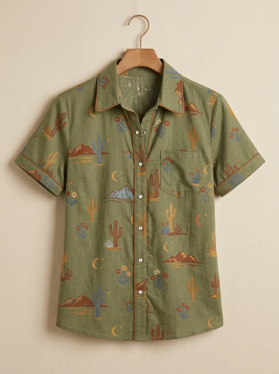 Women's Western Desert Cactus Mountain Moon Printed Short Sleeve Shirt