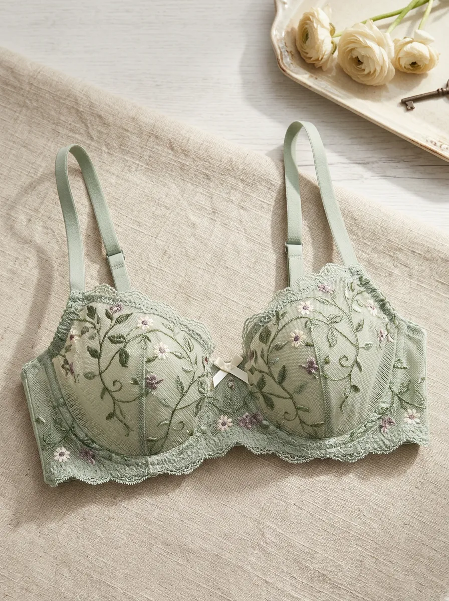 Women's Floral Embroidery Sage Green Lace Printed Bra