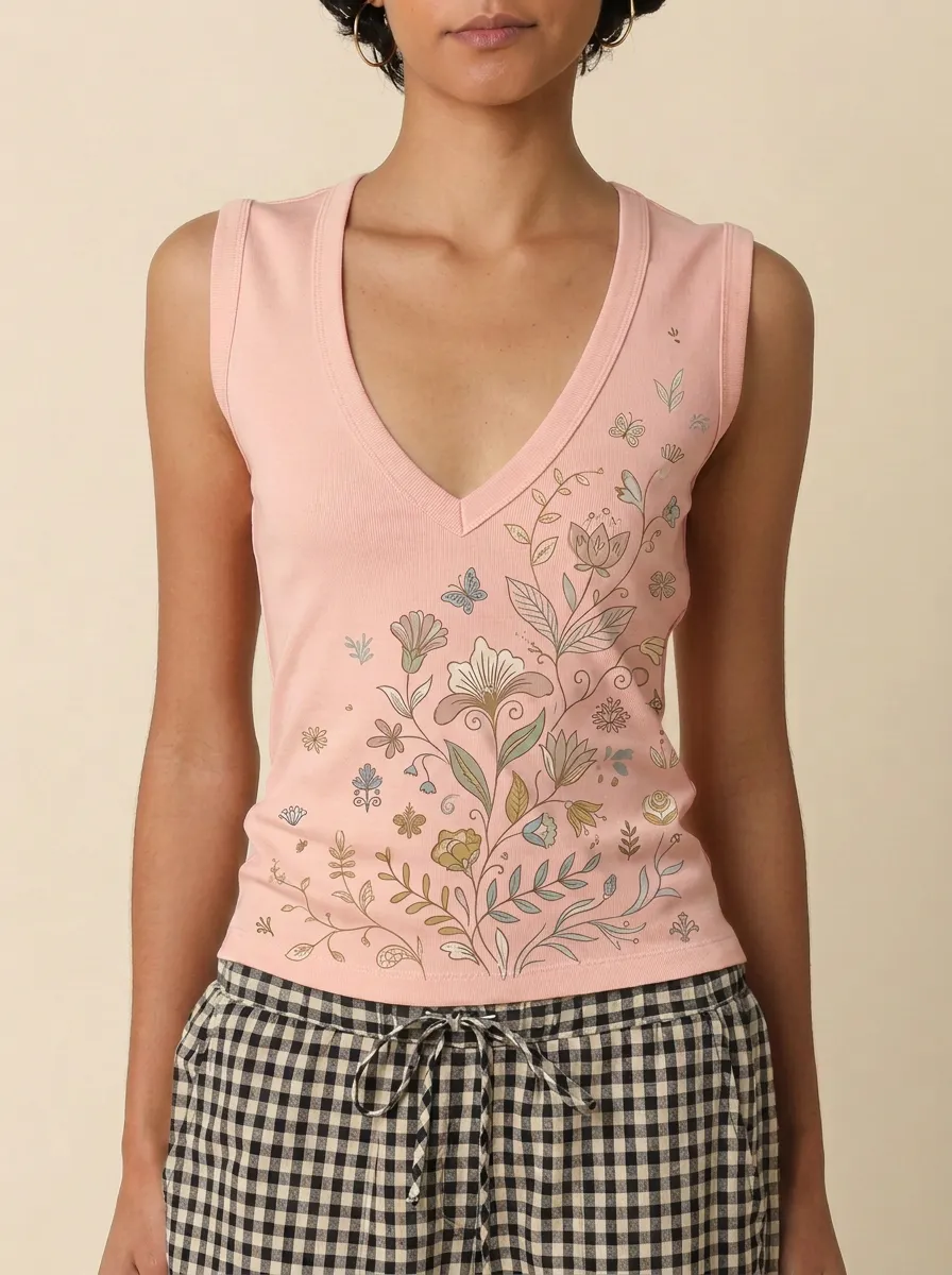 Women's Botanical Floral Butterfly Printed V-neck Tank Top
