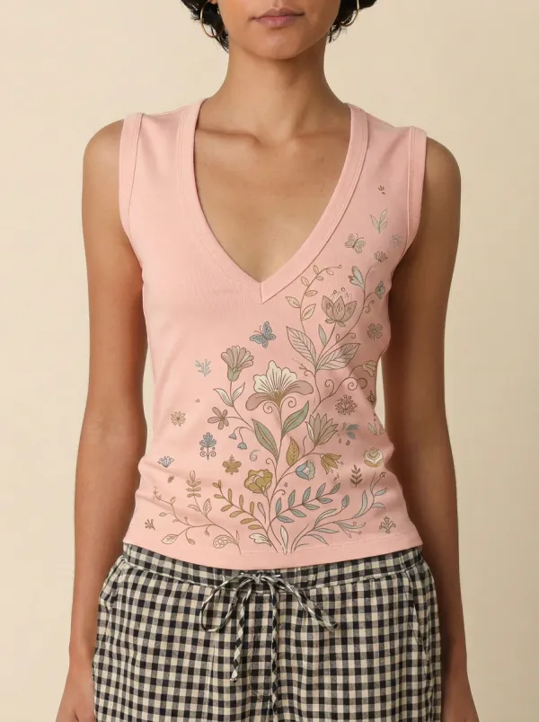 Women's Botanical Floral Butterfly Printed V-neck Tank Top
