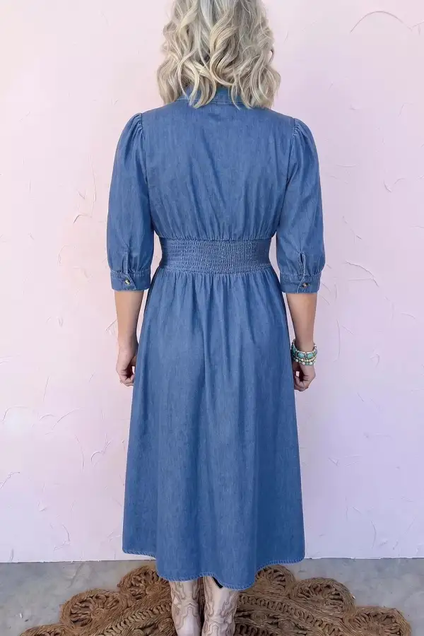 V-Neck Shirred Waist Metal Zipper Denim Midi Dress