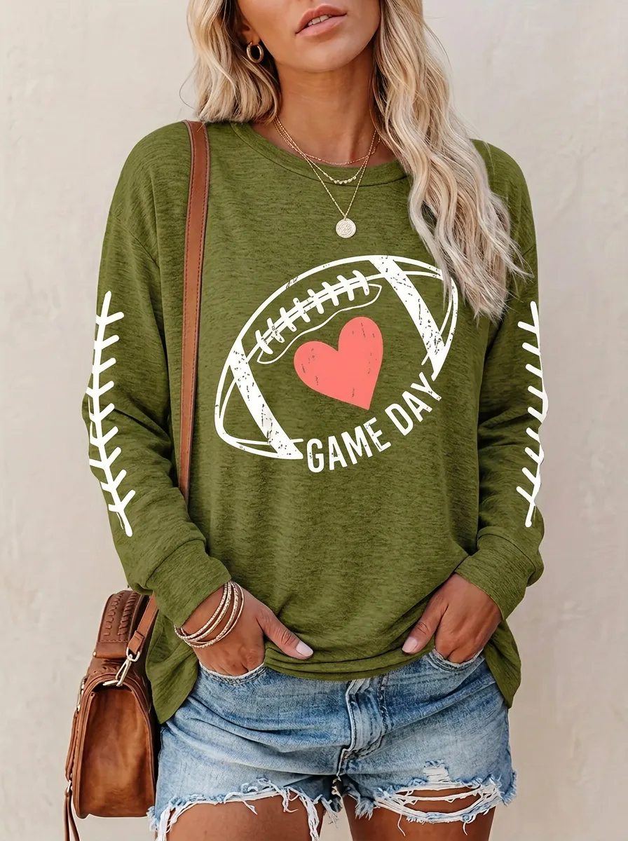 Women's Everyday Gridiron Heart Ball Love Crewneck Long Sleeve T-Shirt