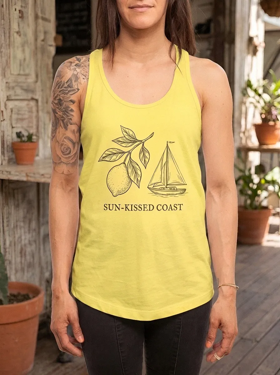 Women's Coastal Summer Lemon Sailboat Printed Tank Top