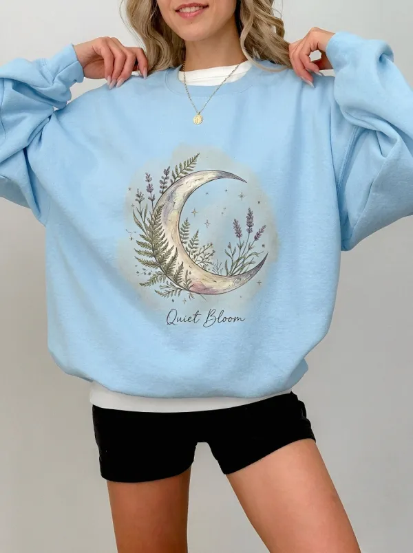 Women's Celestial Botanical Quiet Bloom Crescent Moon Printed Sweatshirt
