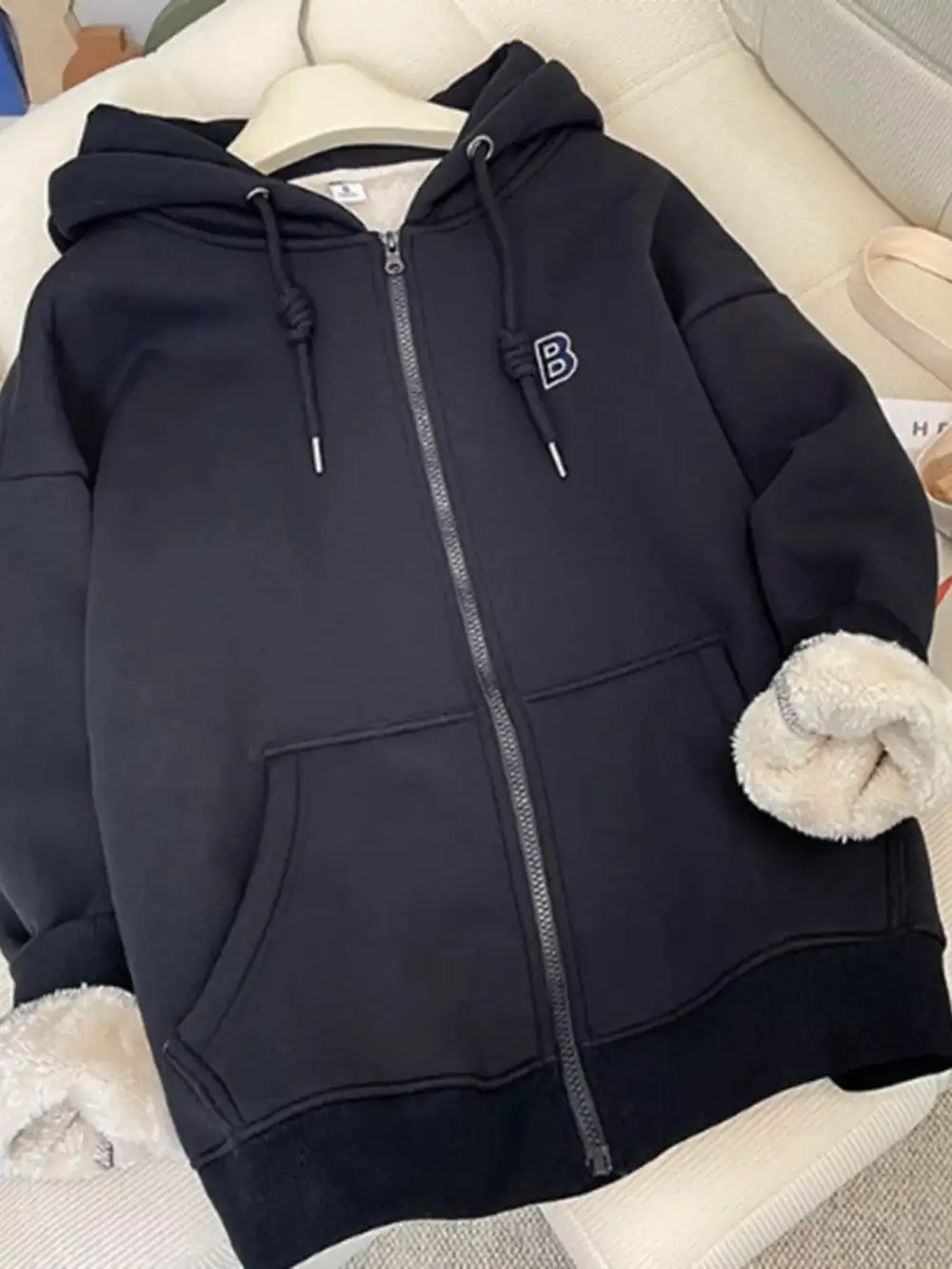 Zip-Detail Drawstring Pocketed Fleece Hoodie