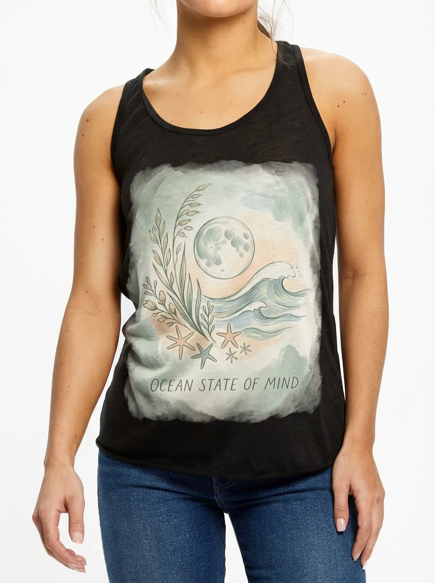 Women's Beach Lover Ocean State of Mind Moon Wave Printed Tank Top