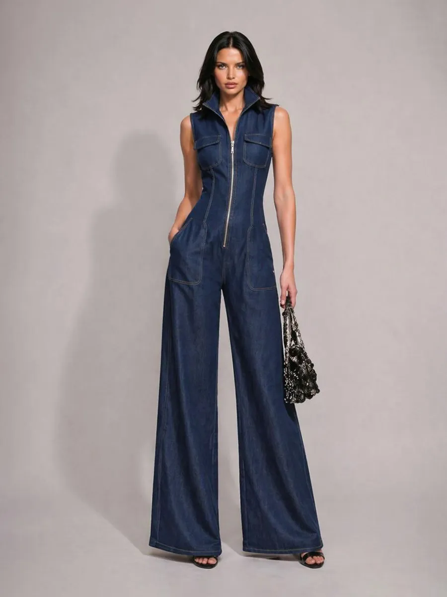Amira Retro Stand-Collar Zip-Front Sleeveless Denim Jumpsuit