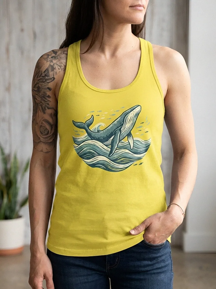 Women's Ocean Lover Humpback Whale Waves Printed Tank Top