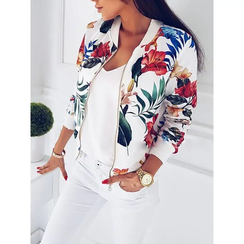 Floral Detail Zip Front Ribbed Trim Bomber Jacket
