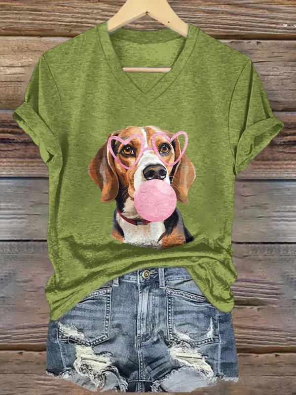 Woman'S A Printed Dog Wearing Glasses V-Neck And Short Sleeves T-Shirt