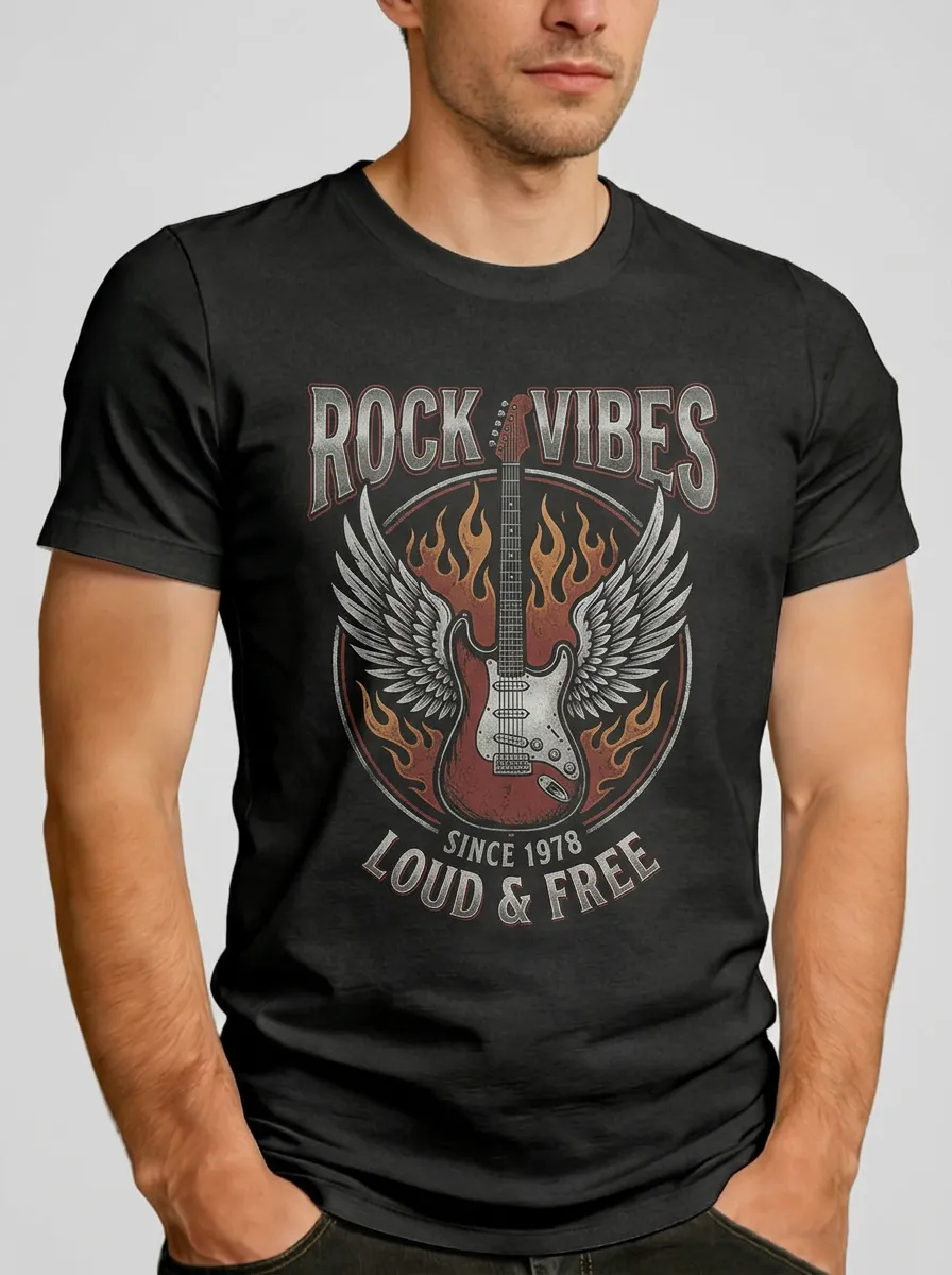 Men's Rock Music Lover Winged Guitar Fire Printed T-shirt