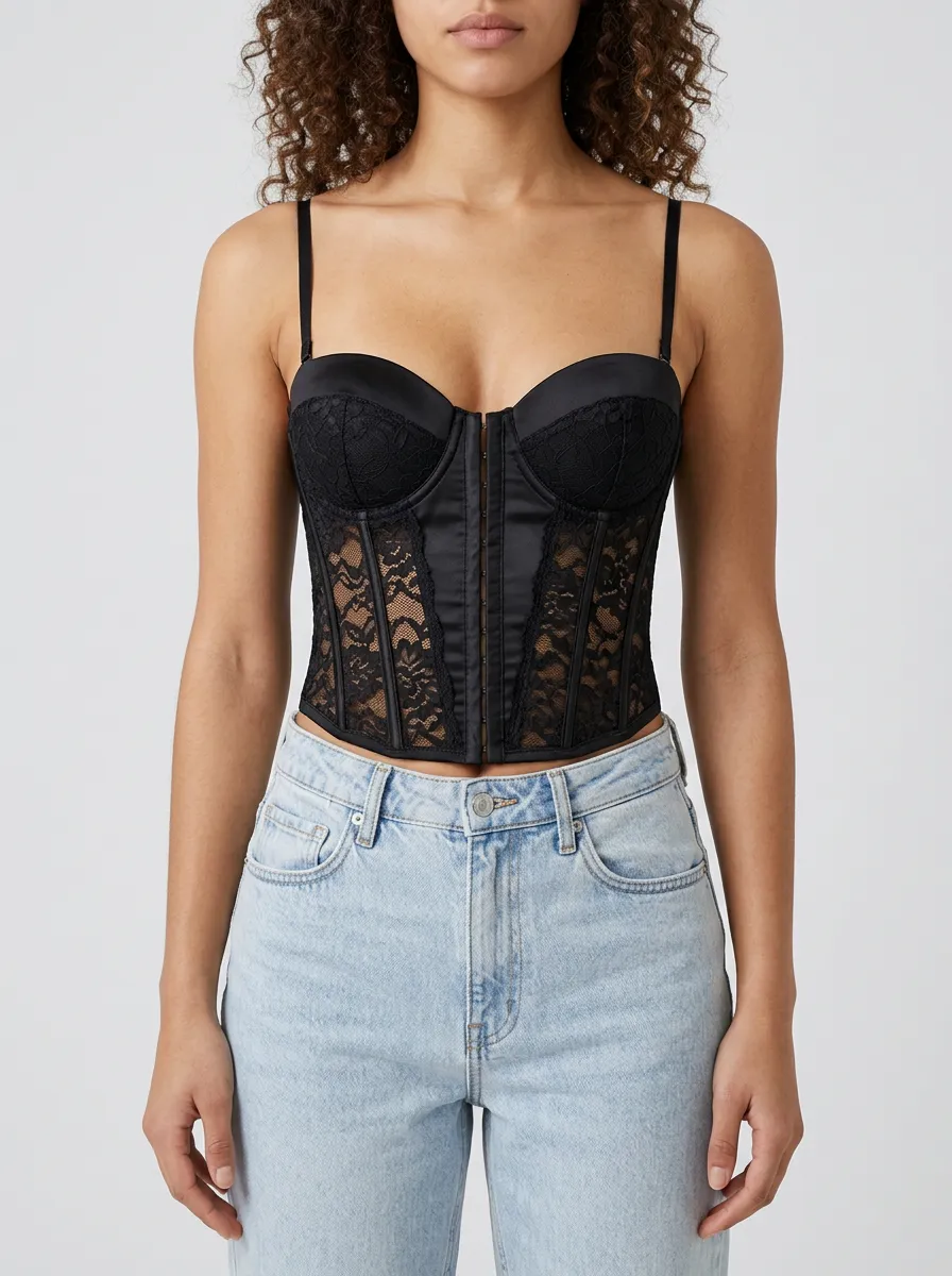 Floral-Lace Hook-and-Eye Satin-Look Women's Corset Top