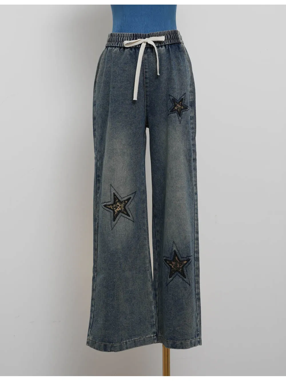 Star Embroidery Elastic Waist Wide Leg Denim Pants