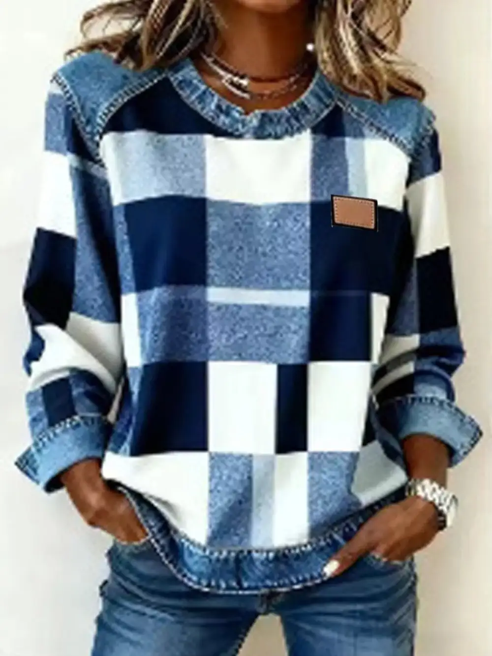 Plaid Denim Trim Long Sleeve Sweatshirt
