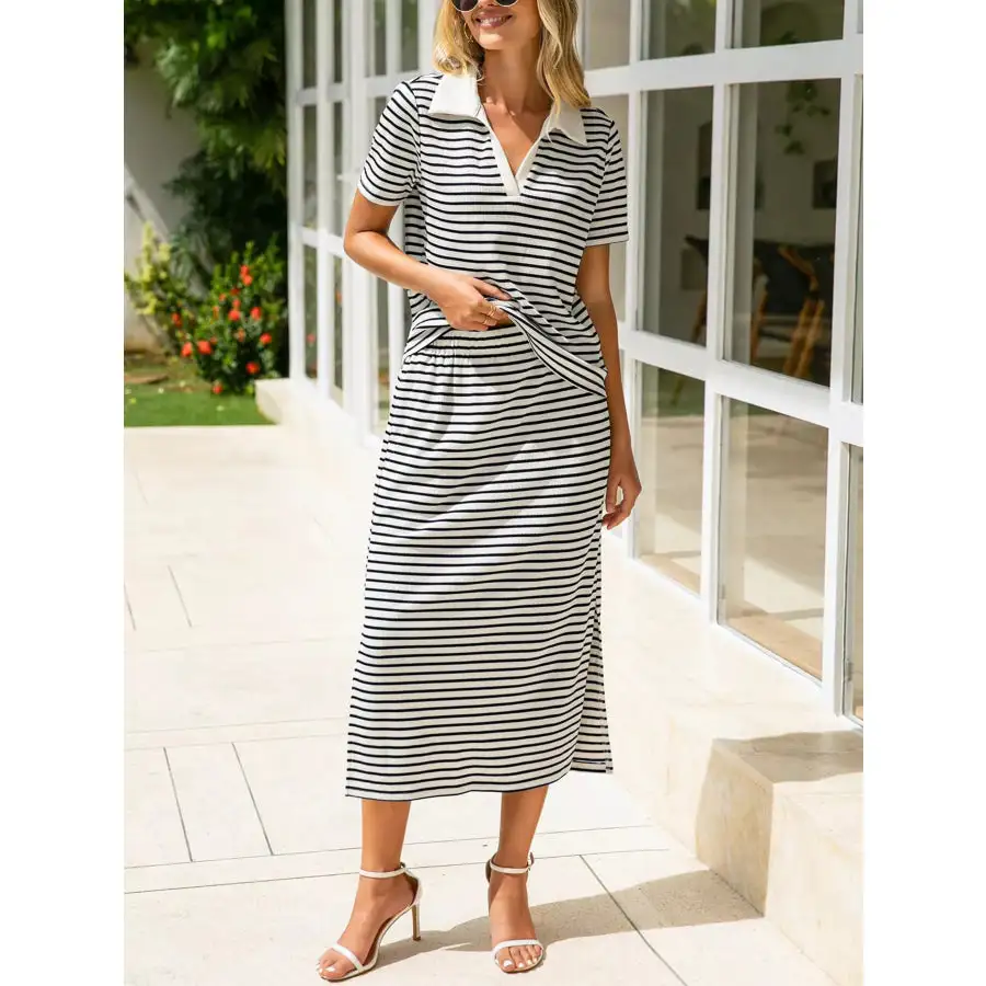 Modern Striped Polo Collar Top And Slit Skirt Two-Piece