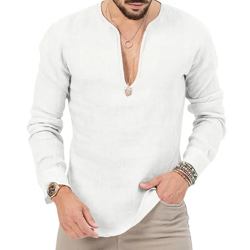Men's Relaxed Linen Tunic Shirt With Open Slit Collar And Rounded Hem