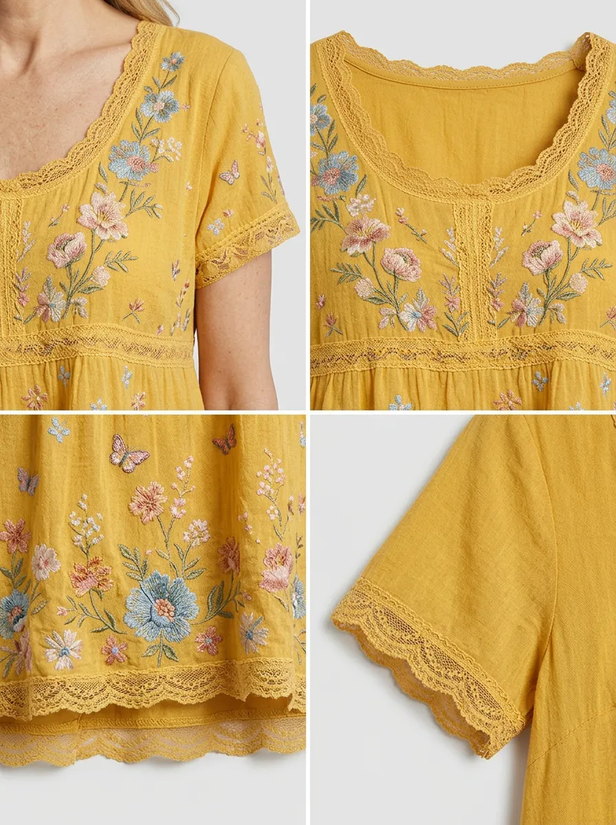 Women's Boho Floral Butterfly Embroidered Printed T-shirt