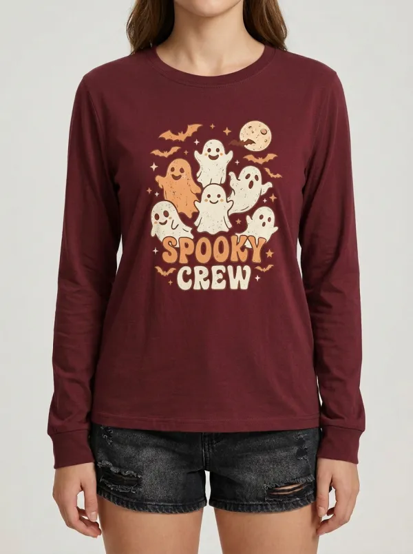 Women's Halloween Spooky Crew Ghost Moon Bats Printed Long Sleeve T-shirt