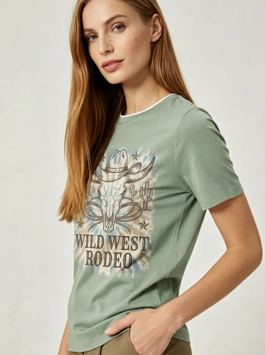 Women's Wild West Rodeo Cowboy Skull Printed T-shirt