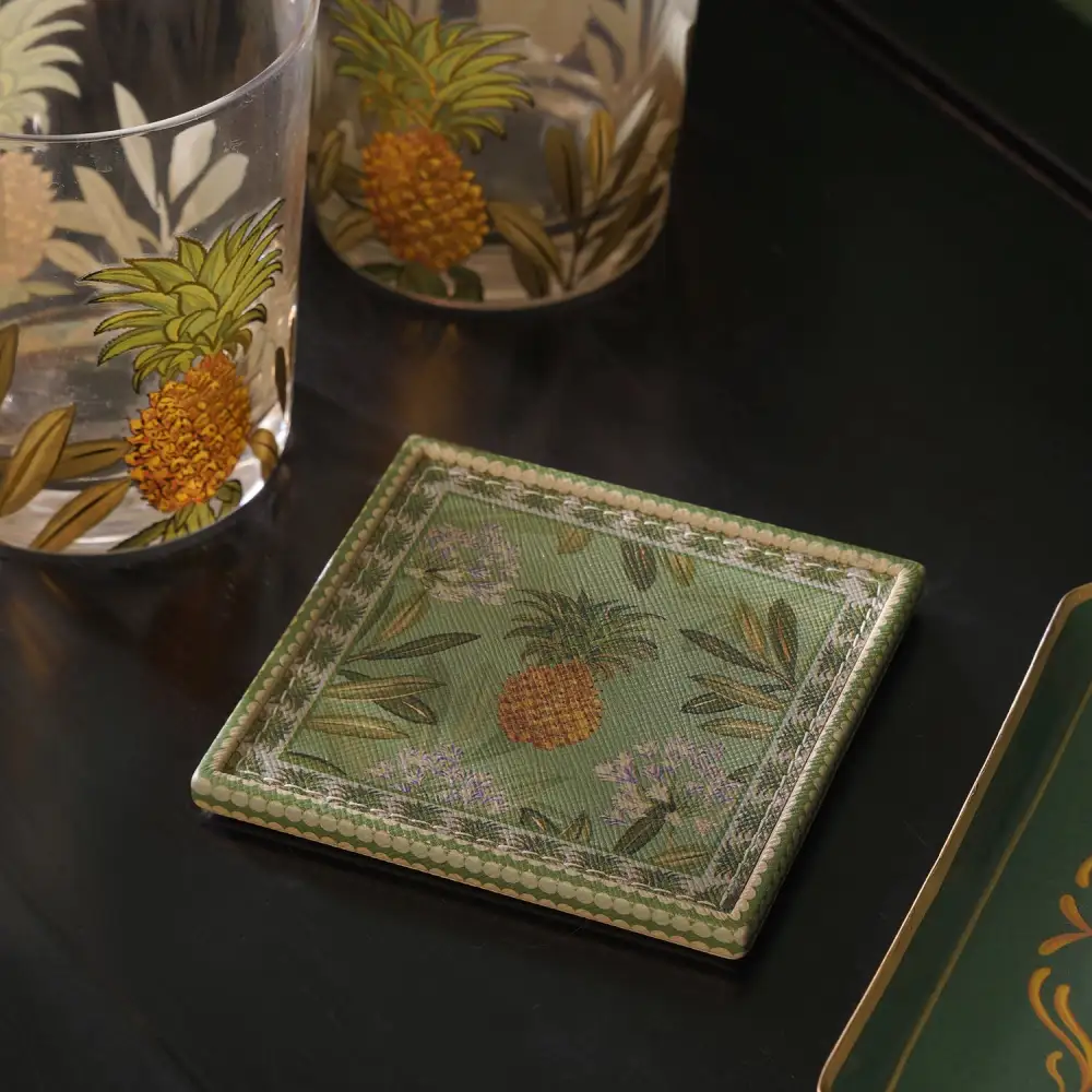 Green Pineapple Faux Leather Coaster Set