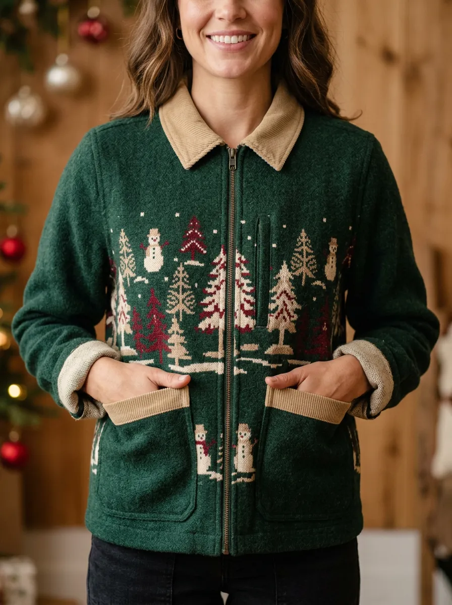 Christmas Holiday Snowman Tree Pattern Print Jacket