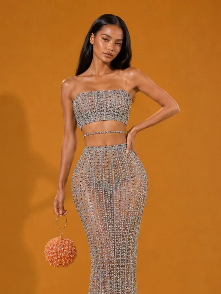Kiera Sexy Rhinestone Chain Maxi Skirt Two-Piece Set