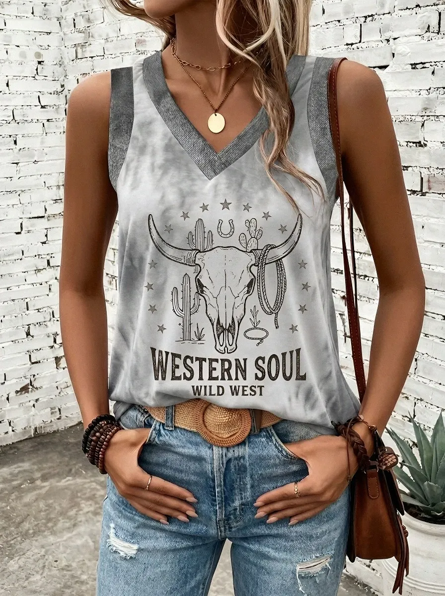 Women's Western Soul Cow Skull Cactus Printed V-Neck Tank Top