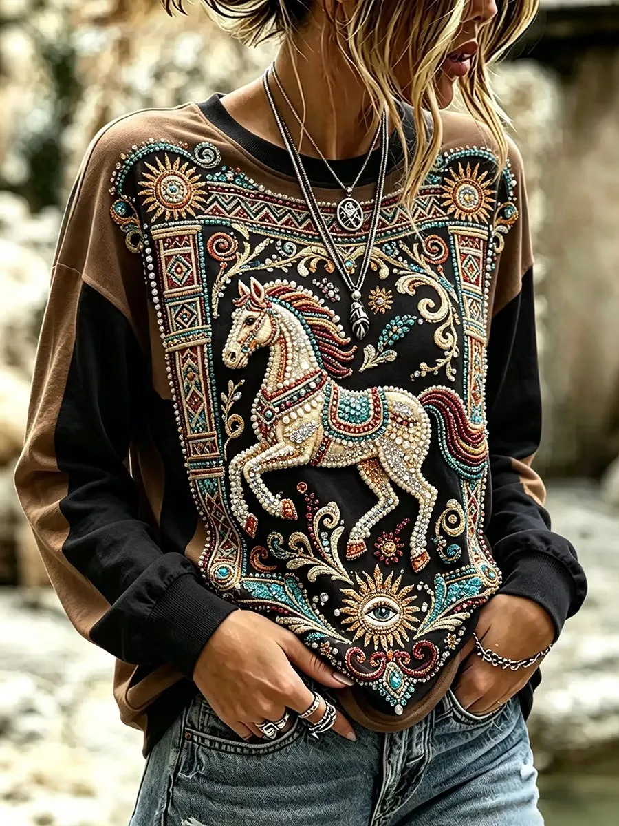 Women's Western Ethnic Pattern Horse Top