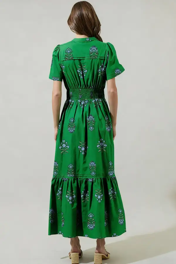 Clean Line Floral Printed Split Neck Maxi Dress