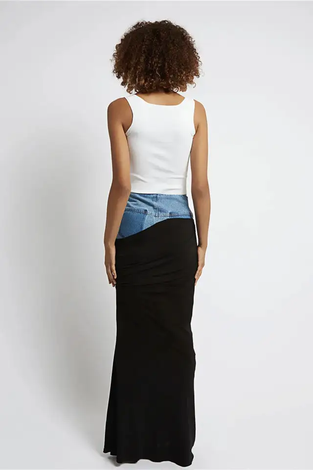 Ruched Denim Maxi Skirt