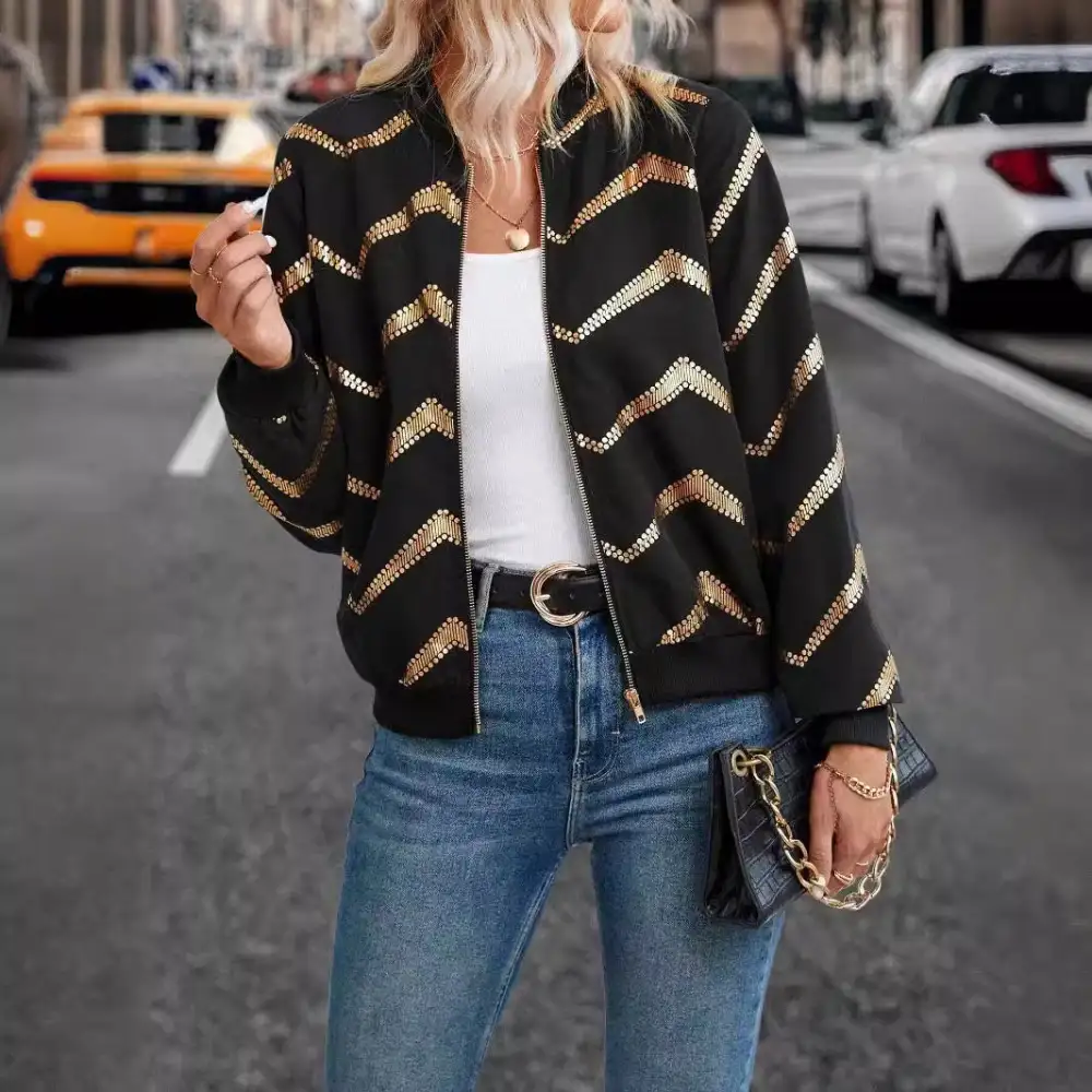 Versatile Zip Front Ribbed Trim Bomber Jacket