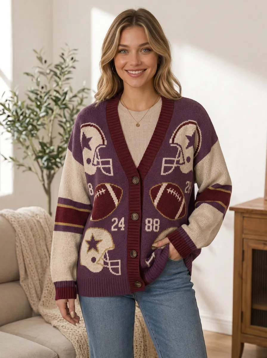 Women's Field Gridiron Helmet Ball Knit Cardigan