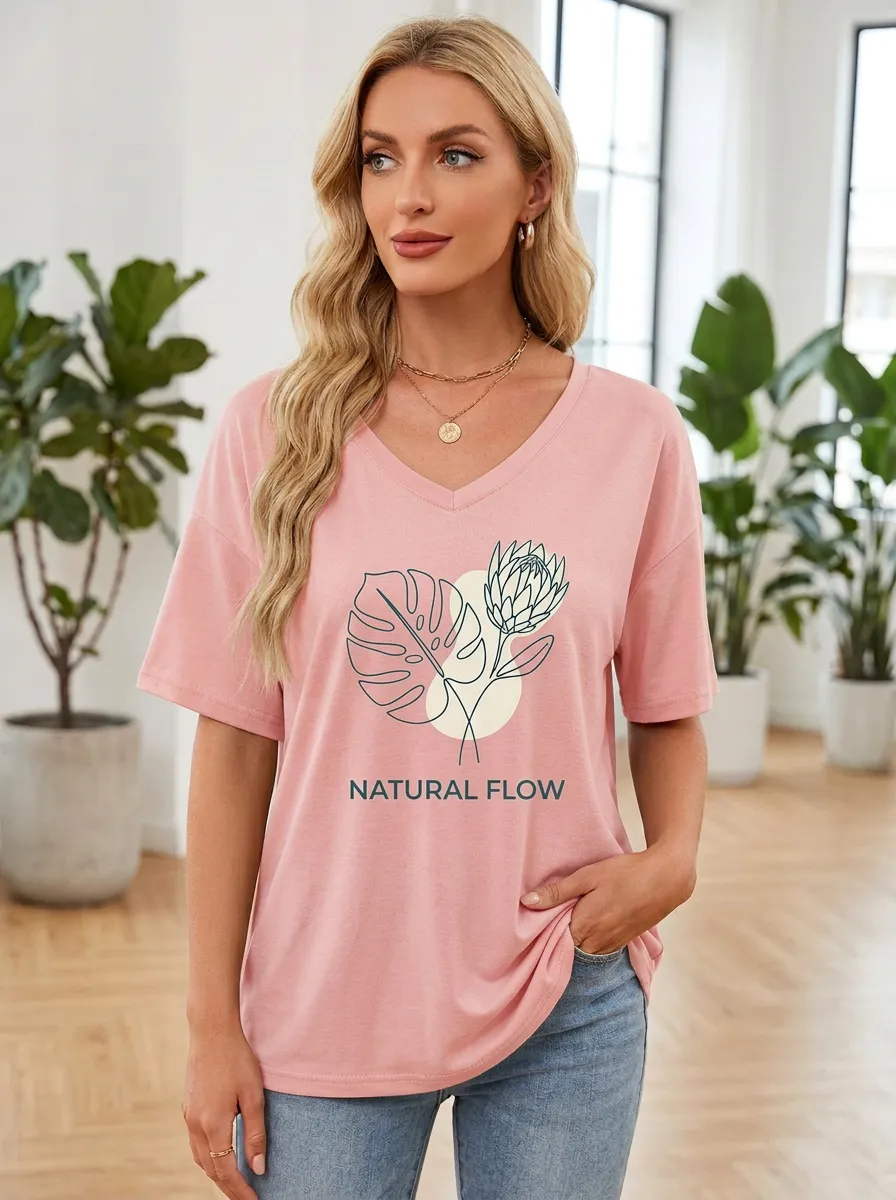 Women's Botanical Natural Flow Monstera Protea Printed V-Neck T-shirt