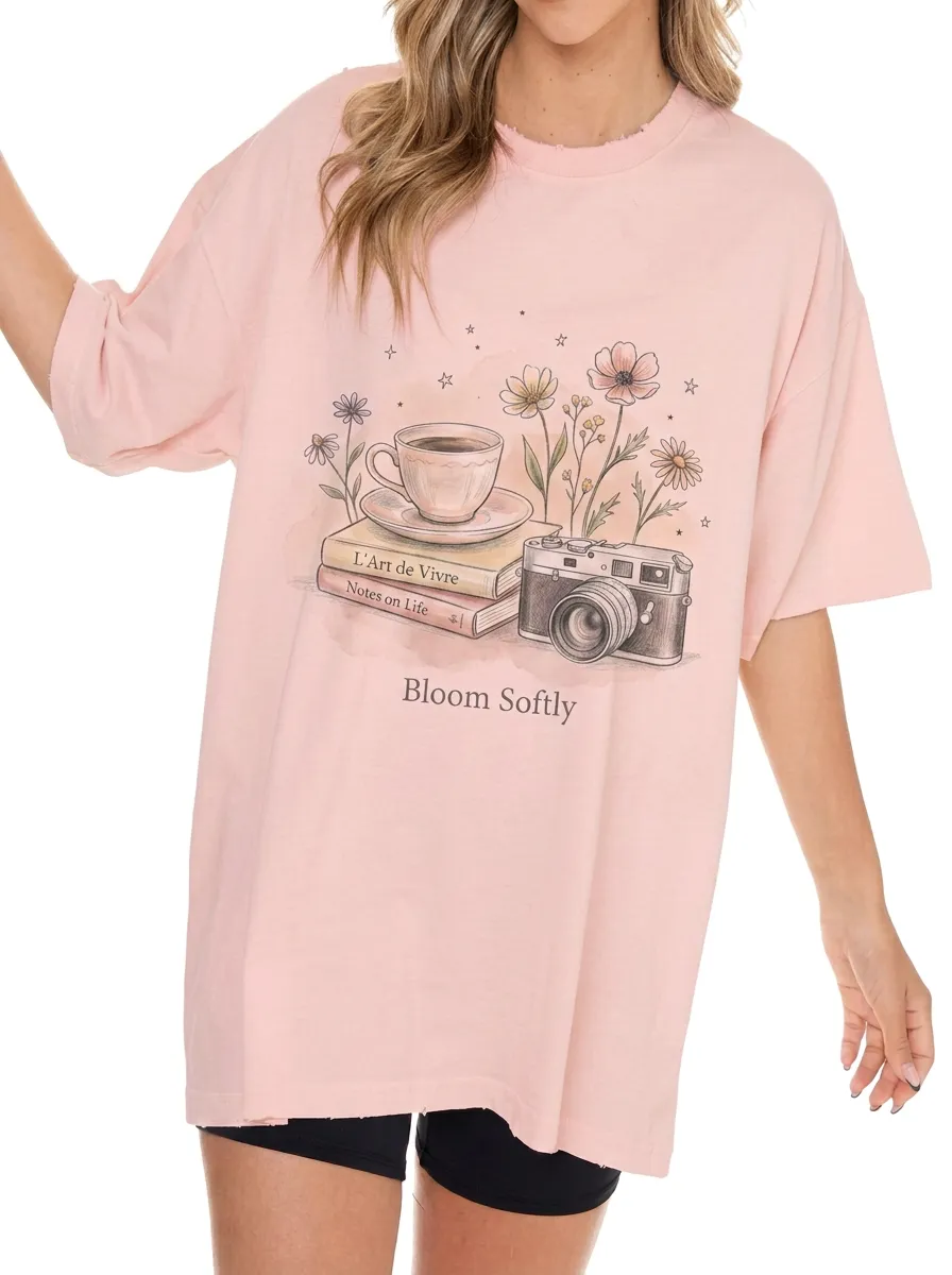 Women's Coffee Book Camera Floral Bloom Softly Printed T-shirt
