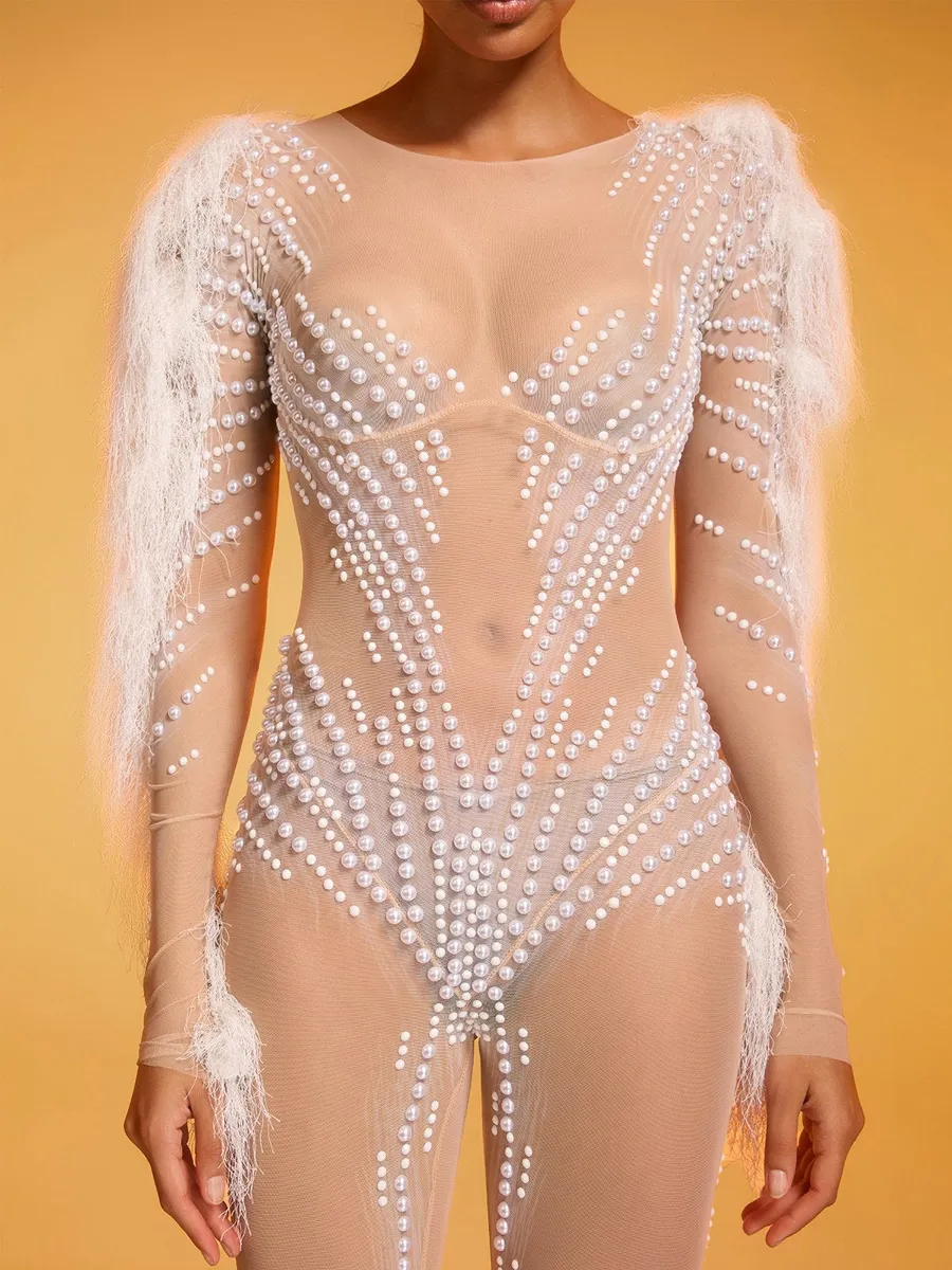 Dahlia Pearl Fringe Mesh Jumpsuit