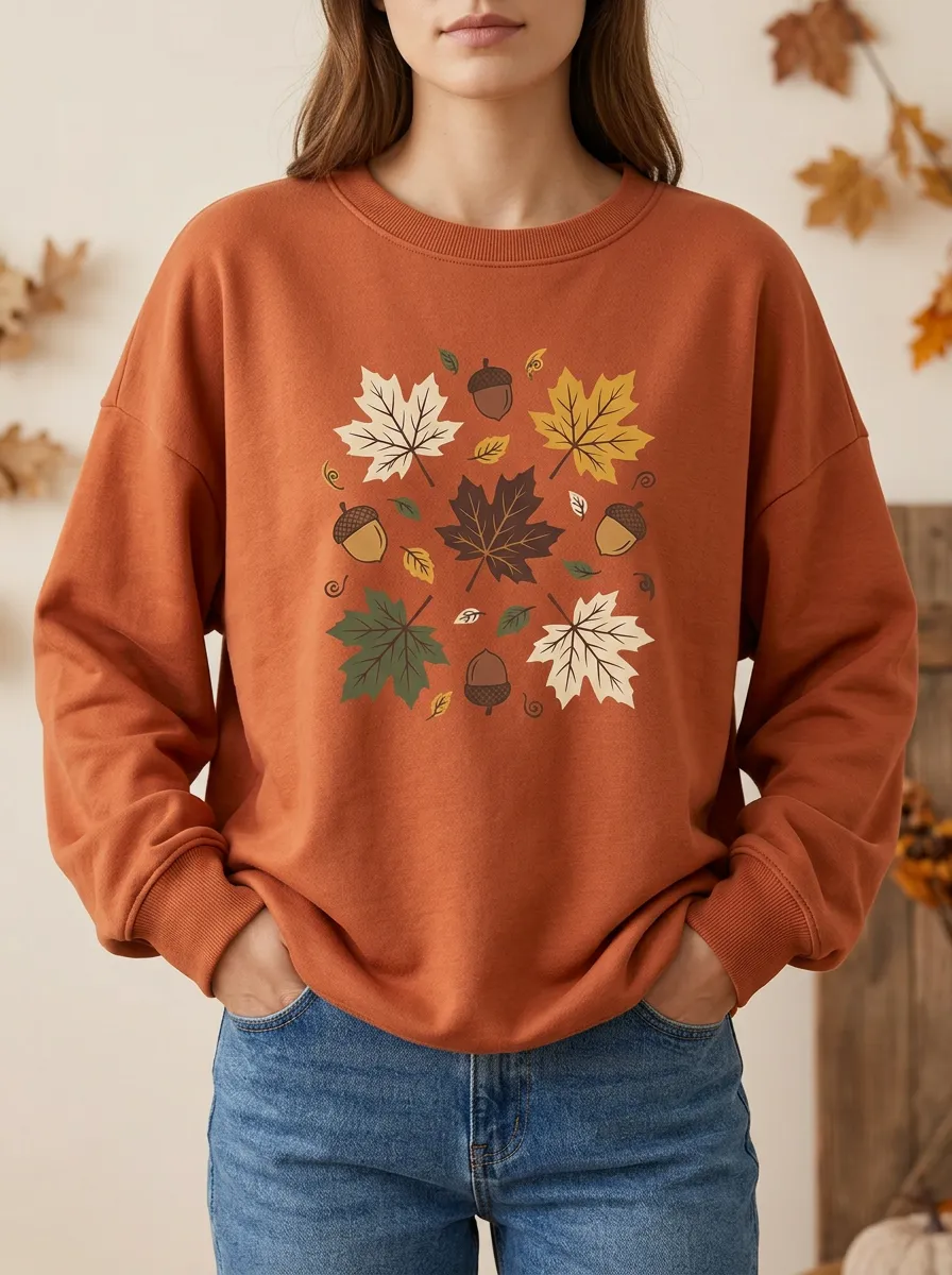 Classic Silhouette Maple-Leaf Printed Acorn Graphic Sweatshirt