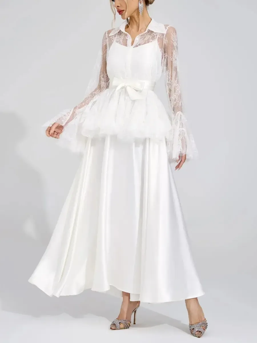 Aurora Lace Peplum Collared Satin Maxi Dress Set