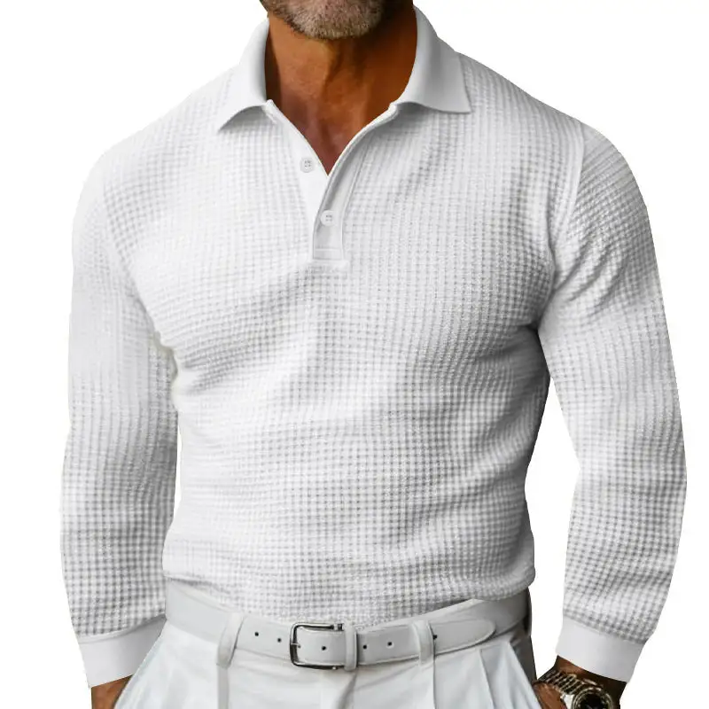 Waffle Texture Button Placket Long Sleeve Slim Fit Polo Shirt
