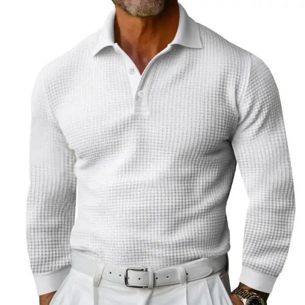 Waffle Texture Button Placket Long Sleeve Slim Fit Polo Shirt