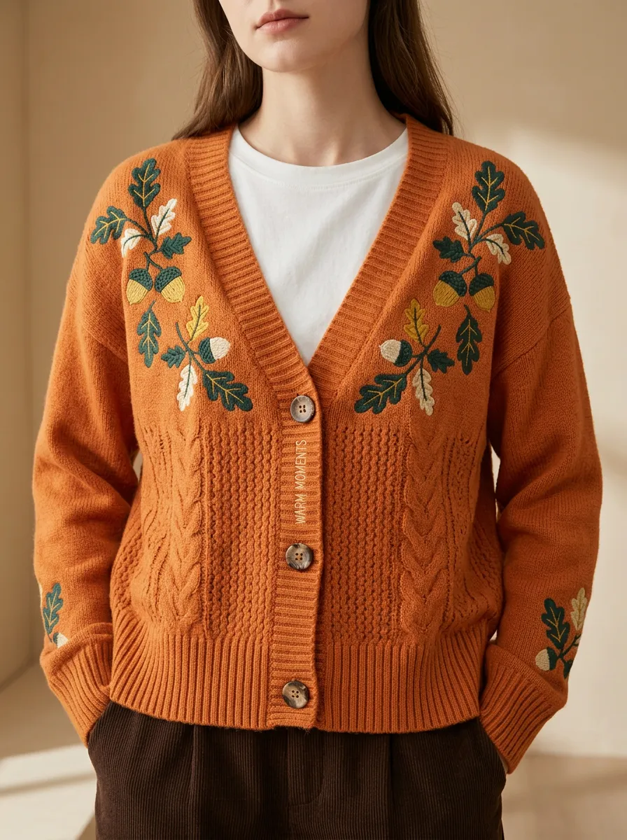 Relaxed Acorn Oak Leaf Embroidered Women's Knit Cardigan