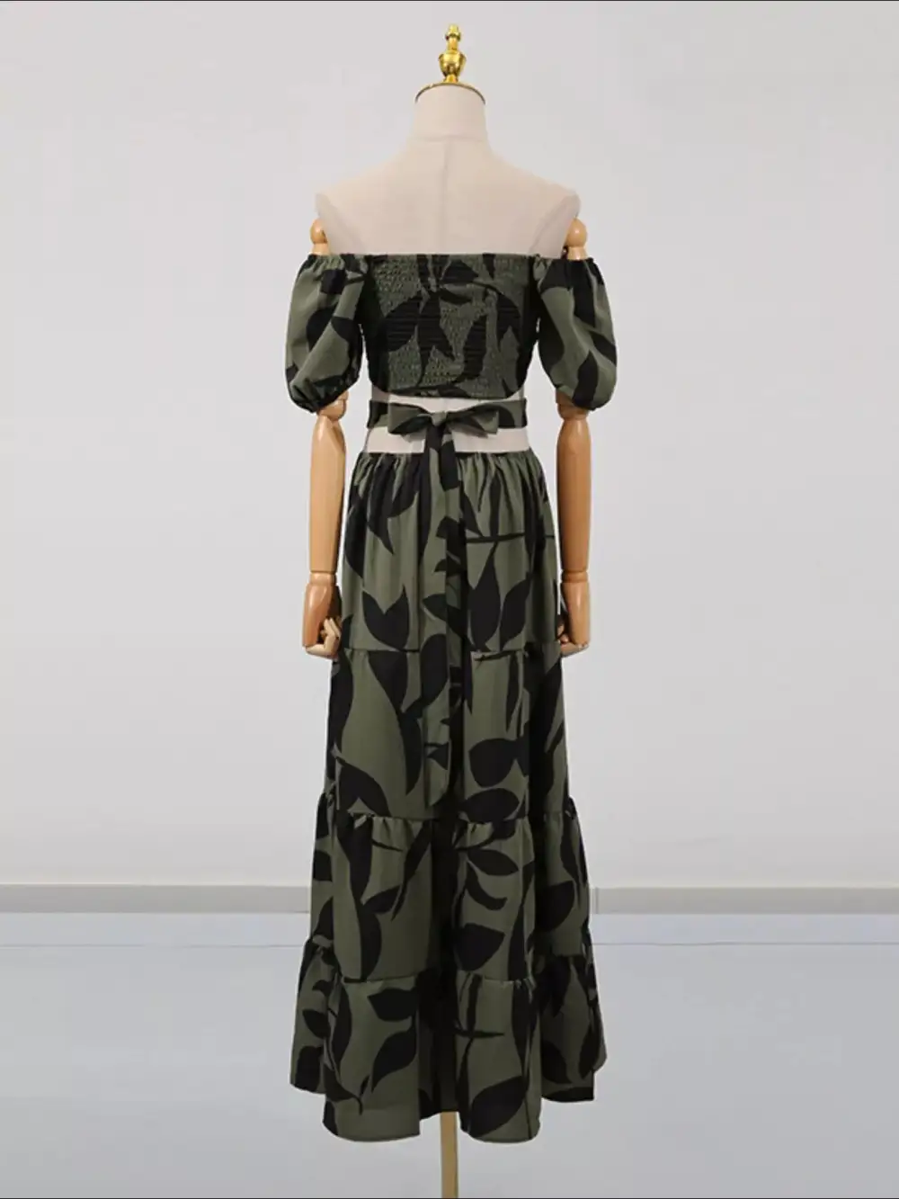 Off Shoulder Cutout Leaf Print Maxi Dress