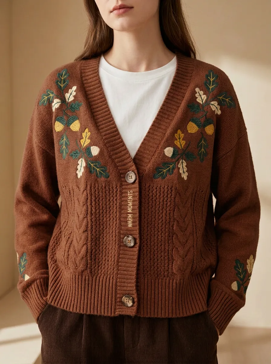 Relaxed Acorn Oak Leaf Embroidered Women's Knit Cardigan