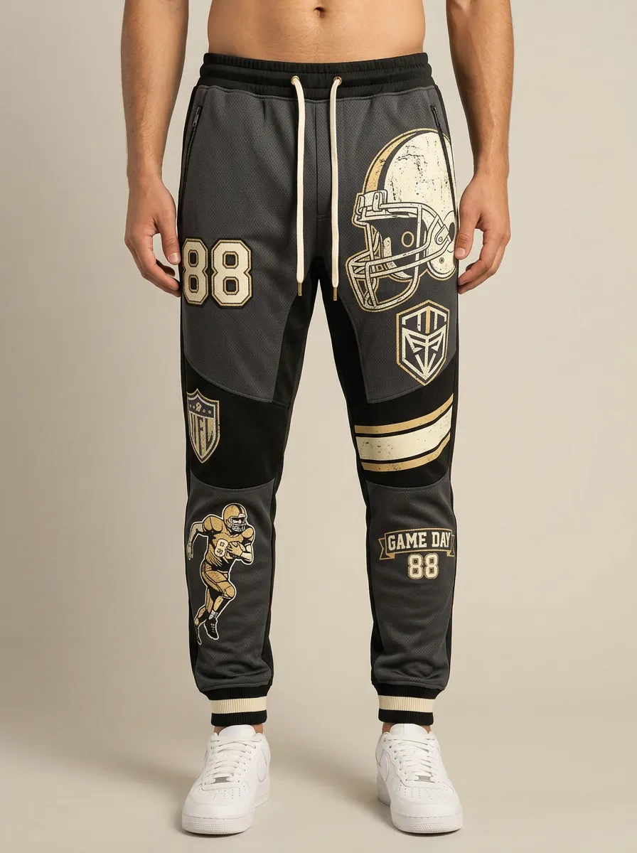 Men's Charcoal Graphic Print Football Joggers Elasticated waistband adjustable off-white drawstring