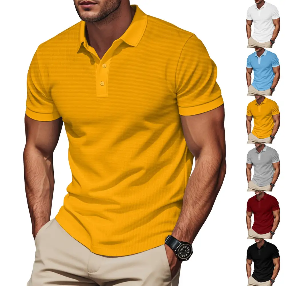 Waffle Texture Button Placket Fitted Polo Shirt