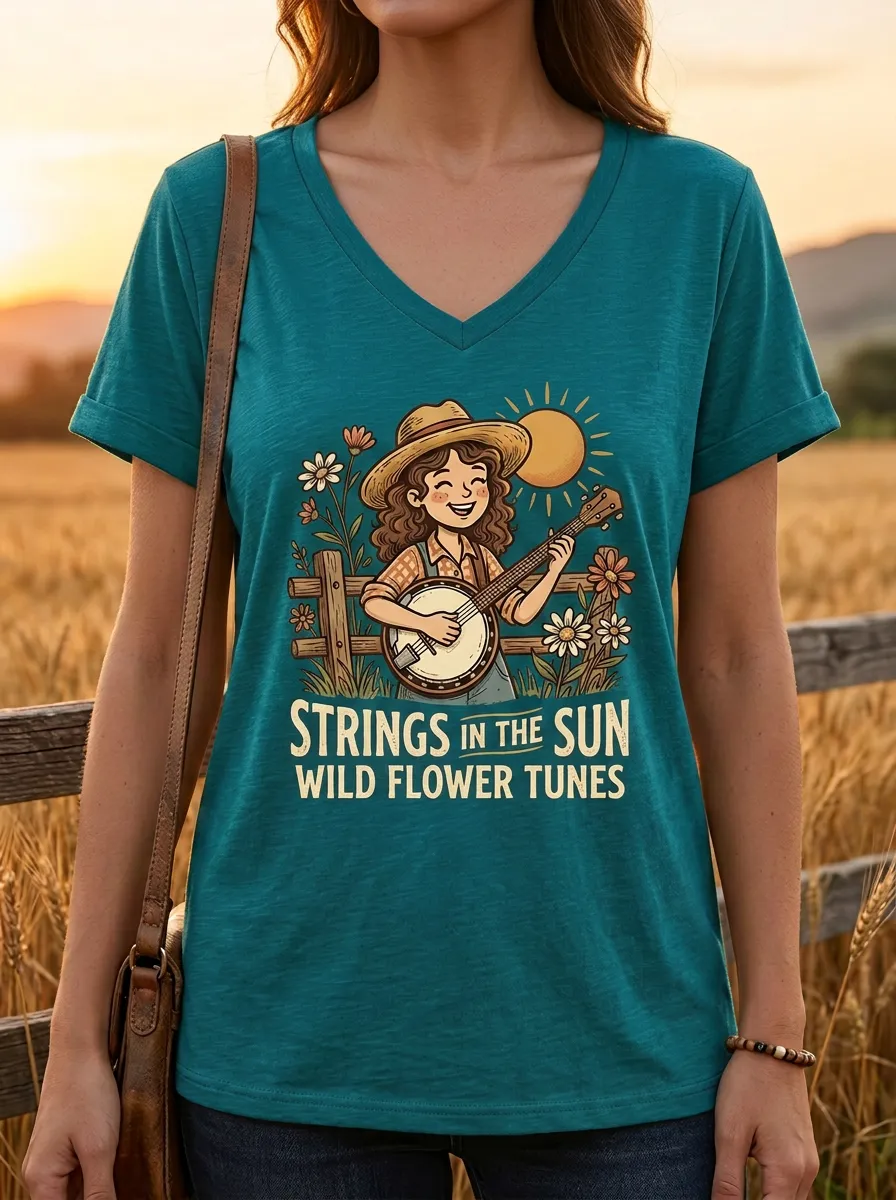 Ranch-Inspired Banjo Women's Country Music V-Neck T-Shirt